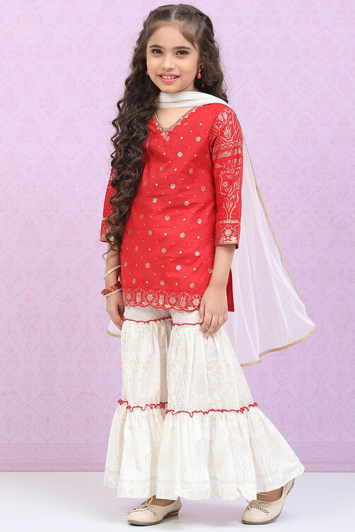 White & Red Cotton Straight Kurta Sharara Suit Set image number 5