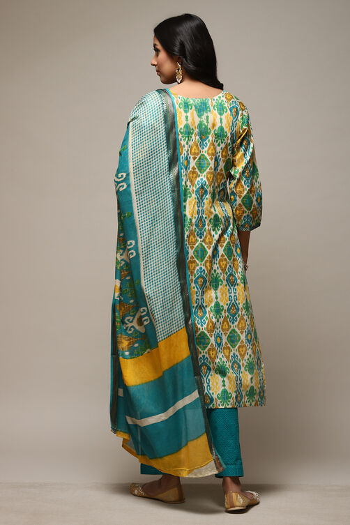 Rama Teal Cotton Hand Block Print Unstitched Suit Set image number 6