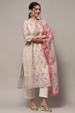 White Pink Chanderi Blend Unstitched Suit set image number 7