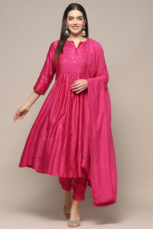 Fuchsia Cotton Silk Straight Kurta Salwar Suit Set image number 7