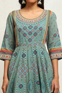 Turquoise Cotton Geometric Printed Anarkali Suit Set image number 1