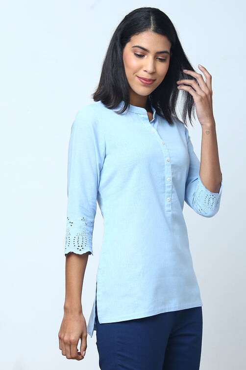 Powder Blue Cotton Flax Solid Kurti image number 3