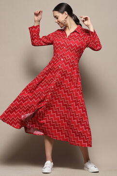 Red Chevron Block Printed Shirt-Style A-line Dress image number 0