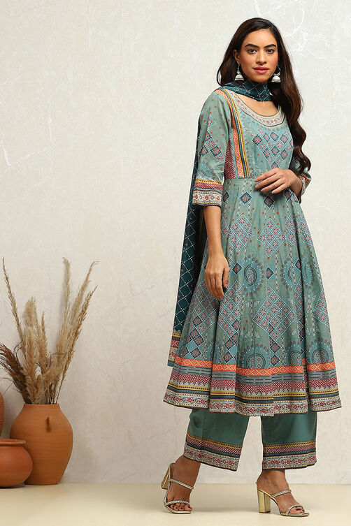 Turquoise Cotton Geometric Printed Anarkali Suit Set image number 5