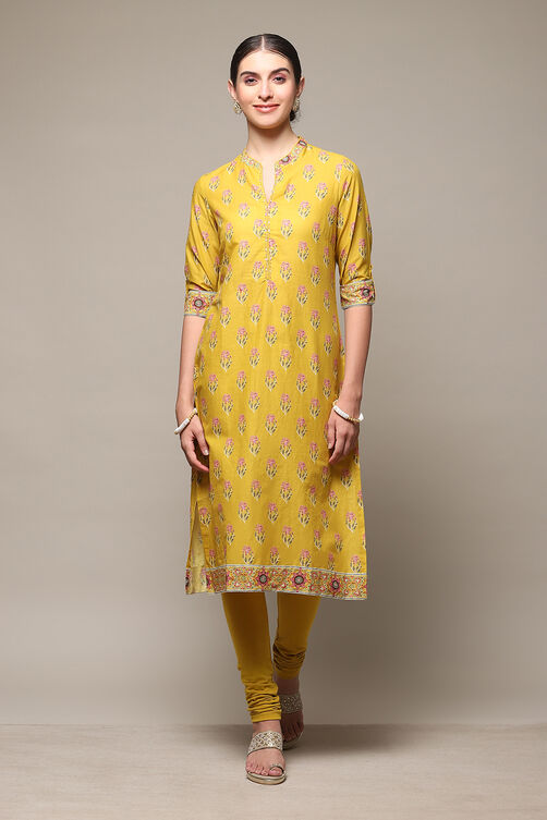 Mustard Cotton Straight Kurta Churidar Suit Set image number 0