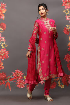 Rohit Bal Fuschia Cotton Blend Straight Kurta Suit Set image number 6