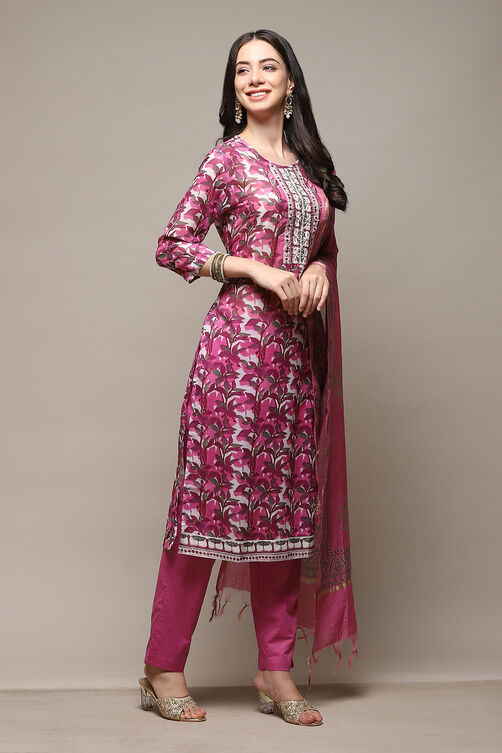 Wine Silk Blend Printed Unstitched Suit Set image number 7