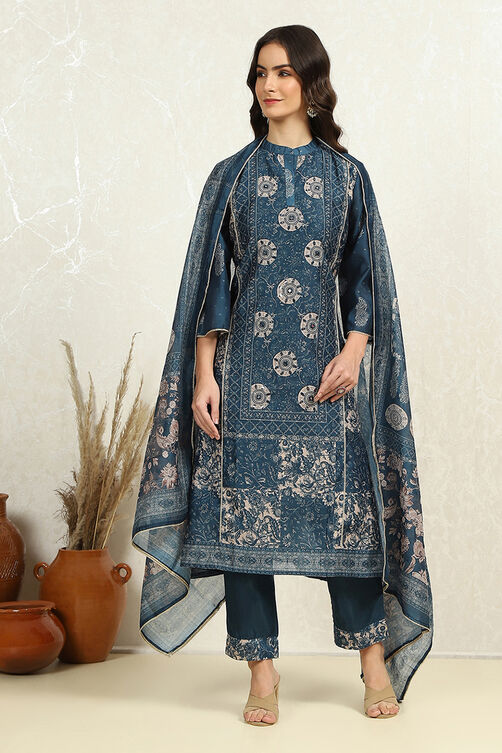 Blue Chanderi Printed Unstitched Suit Set image number 1