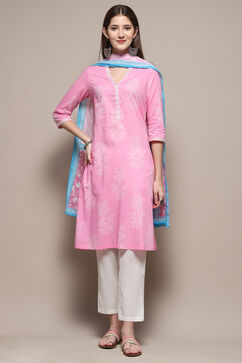 Light Pink Cotton Straight Kurta Palazzo Suit Set image number 7