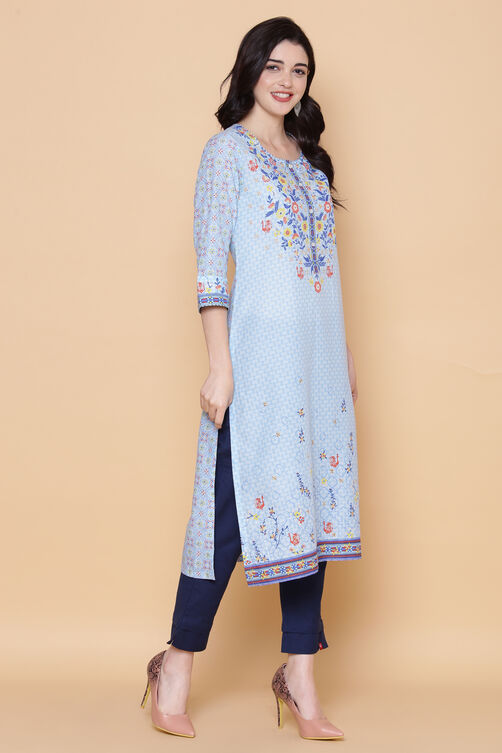 Blue Cotton Straight Printed Kurta image number 2