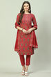 Cherry Printed Cotton Straight Kurta Slim Pants Suit Set image number 0