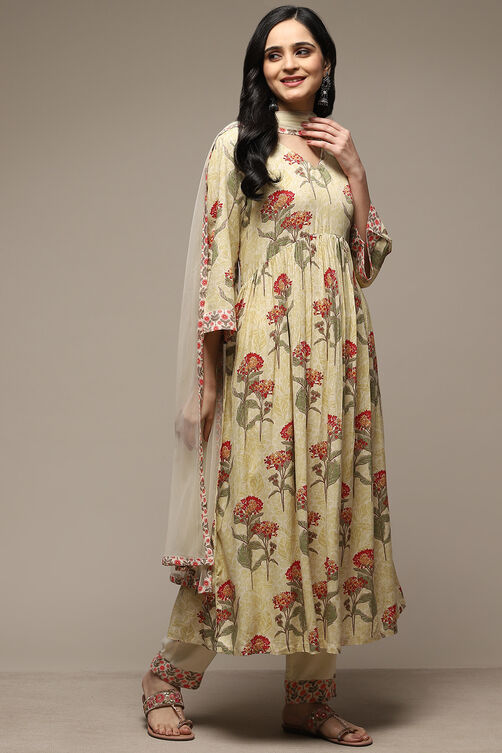 Beige Rayon Straight Kurta Pants Suit Set image number 7