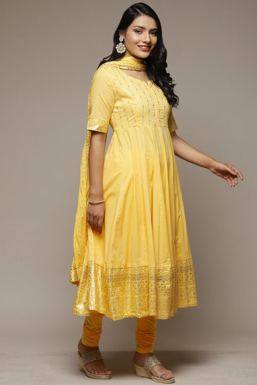 Yellow Cotton Anarkali Kurta Churidar Suit Set image number 6