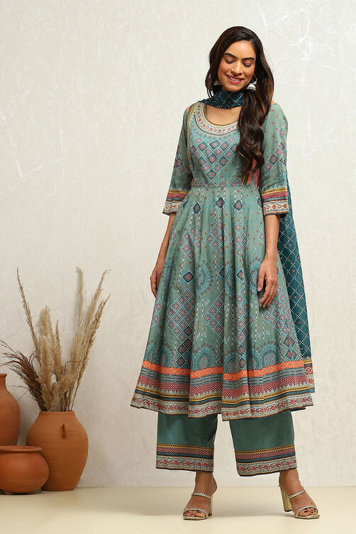 Turquoise Cotton Geometric Printed Anarkali Suit Set image number 6