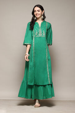 Green Cotton Flared Printed Kurta image number 6