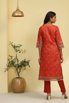 Rust Chanderi Printed Straight Kurta image number 3