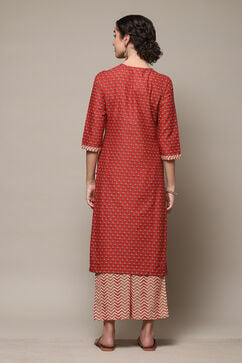 Red Cotton Straight Kurta Palazzo Suit Set image number 4