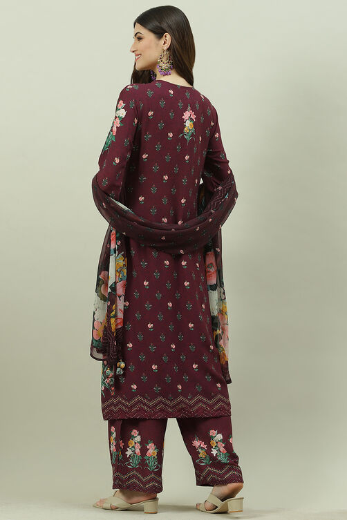 Wine Rayon Printed Straight Pant Kurta Palazzo Suit Set image number 4