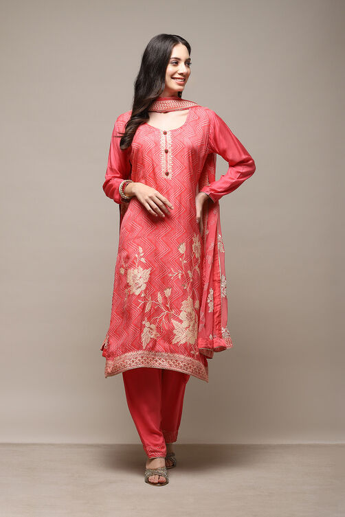 Pink Linen Blend Digital Print Unstitched Suit Set image number 8