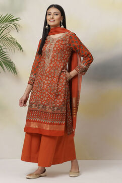 Terracotta And Orange Poly Cotton Straight Suit Set image number 5