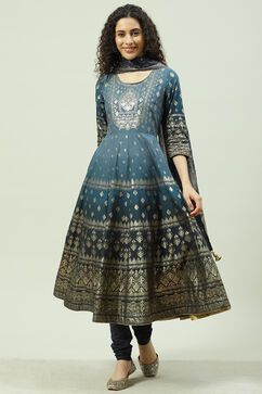 Blue Cotton Anarkali Kurta Churidar Suit Set image number 4