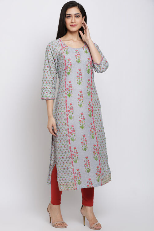 Grey Cotton Straight Printed Kurta image number 3