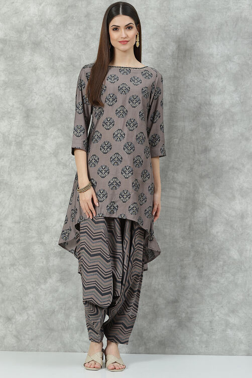 Ash  LIVA Asymmetric Printed Kurta Set image number 0