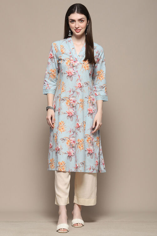 Turquoise Blue Floral Printed Straight Kurta image number 6