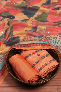 Orange Chanderi Hand Embroidered Unstitched Suit Set image number 0