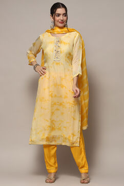 Yellow Organza Unstitched Suit set image number 8