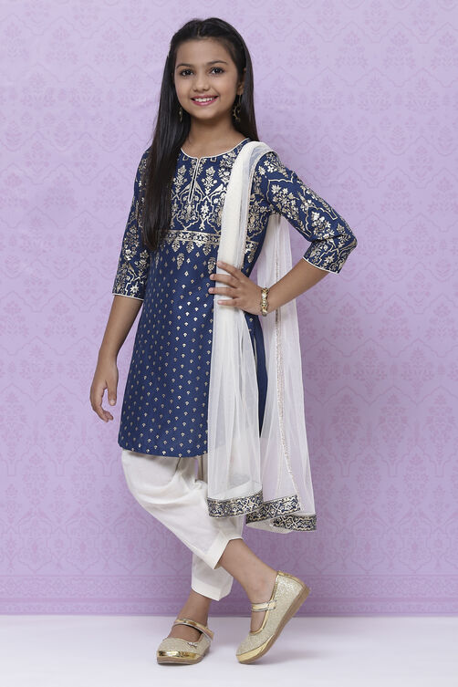 Blue Cotton Girls Straight Kurta Salwar Suit Set image number 0