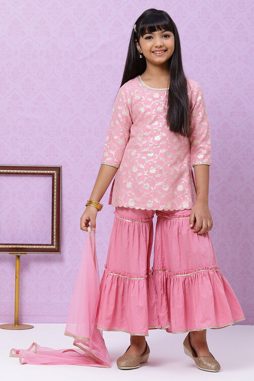 Pink Poly Metallic Cotton Girls Straight Kurta Sharara Suit Set image number 6
