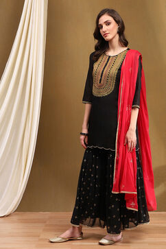 Black Embroidered Festive Straight Suit Set image number 3