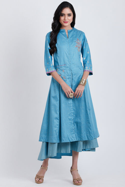 Blue Cotton Front Open Printed Kurta image number 0