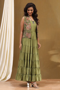 Green Georgette Festive Tiered Anarkali Dress image number 4