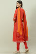 Red Printed Cotton Kalidar Kurta Legging Suit Set image number 4