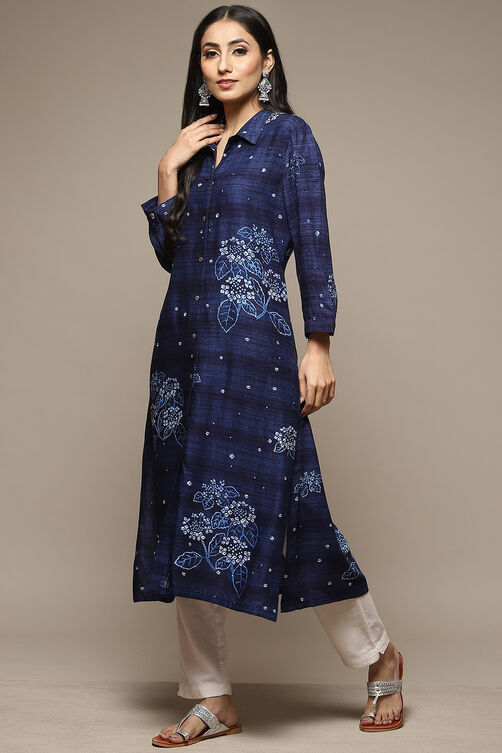 Sea Blue Cotton Blend Anarkali Kurta Churidar Suit Set