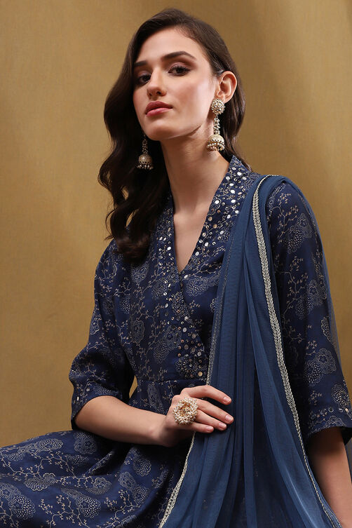 Navy Polyester Blend Anarkali Suit Set image number 6