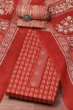 Red Cotton Screen Print Unstitched Suit Set image number 0