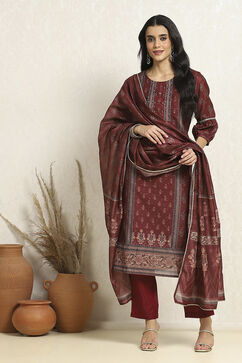 Maroon Chanderi Machine Embroidered Unstitched Suit Set image number 1