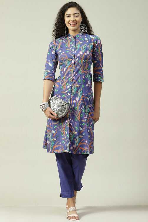 Blue & Purple Printed Cotton Straight Suit Set image number 6