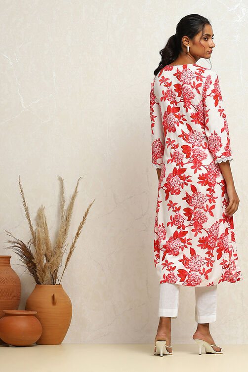 Red and White Floral Printed Straight Kurta image number 3