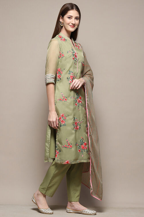 Olive Green Straight Kurta Regular Pant Suit Set image number 6