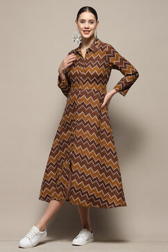 Brown Chevron Block Printed Shirt-Style A-line Dress image number 2