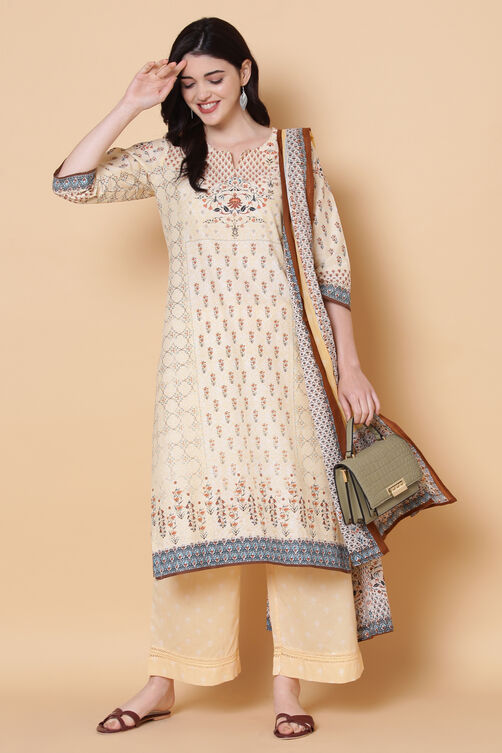 Beige Cotton Straight Kurta Palazzo Suit Set image number 7