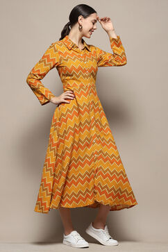 Orange Chevron Block Printed Shirt-Style A-line Dress image number 4