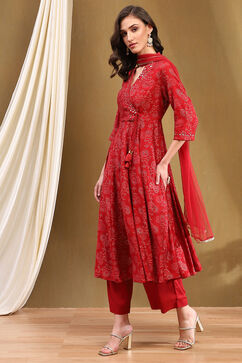 Red Polyester Blend Anarkali Suit Set image number 3