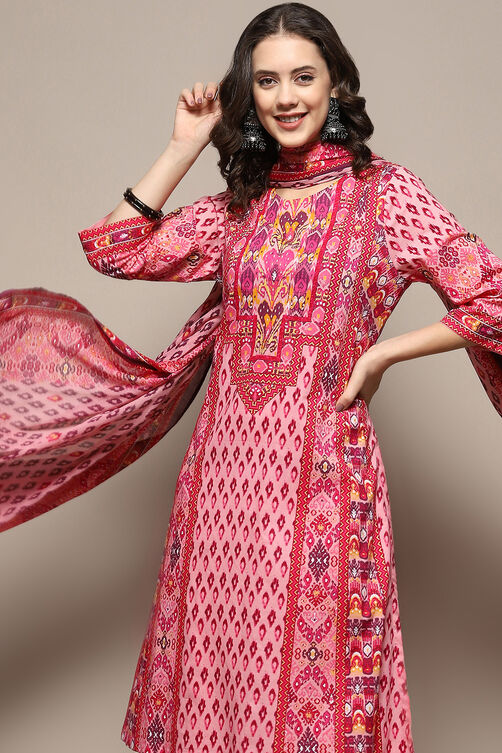 Green and Maroon Cotton Printed Straight Suit Set image number 1