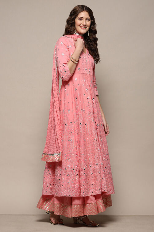 Pink Cotton Mirror work Anarkali Lehenga Set image number 6