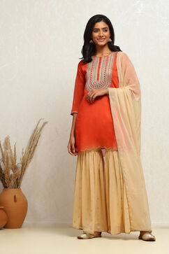 Orange Embroidered Festive Straight Suit Set image number 6